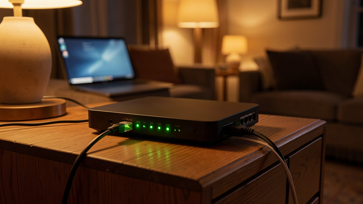 Débit fibre Free : une Freebox et son câble Ethernet dans un salon