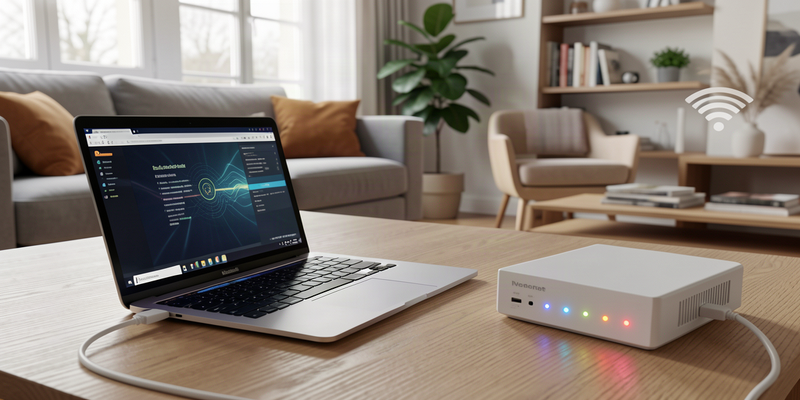 Ethernet ou WiFi - câble RJ45 branché sur un ordinateur portable