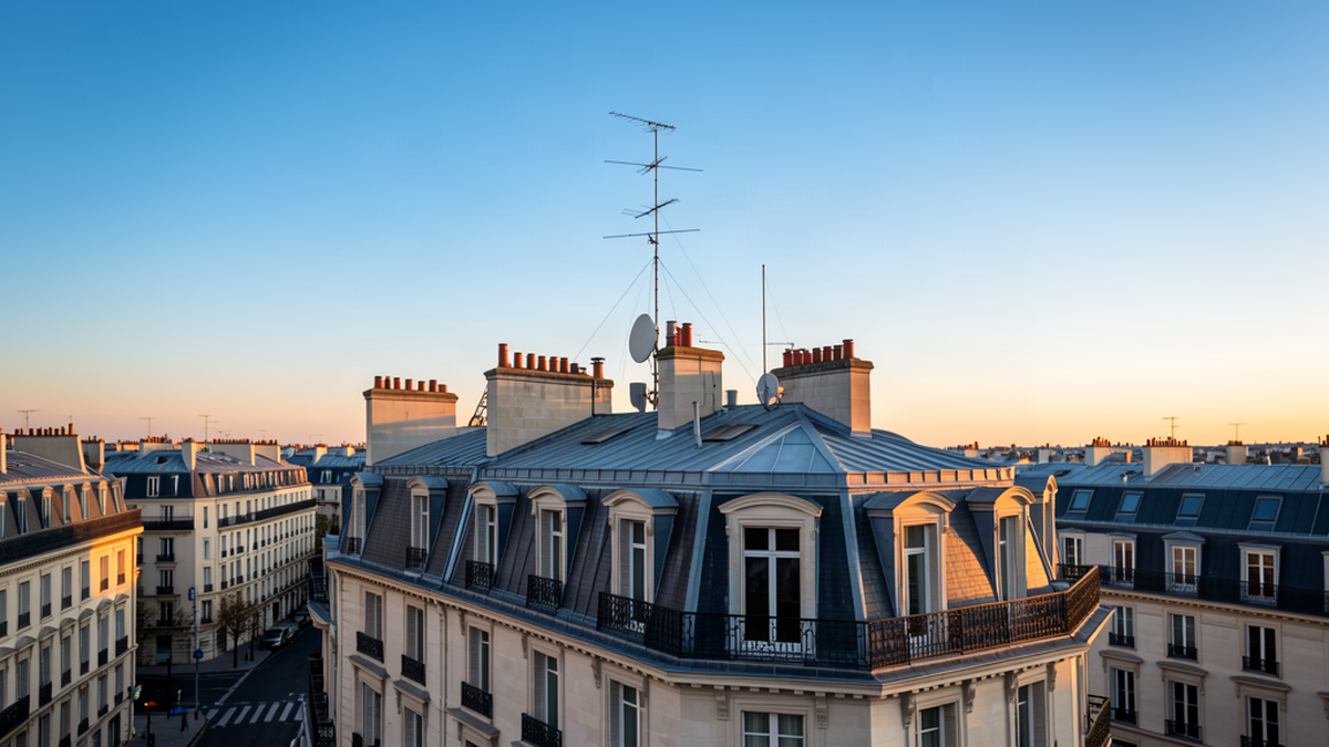 Exposition aux ondes antenne relais : pylône de téléphonie mobile sur un toit parisien au coucher du soleil