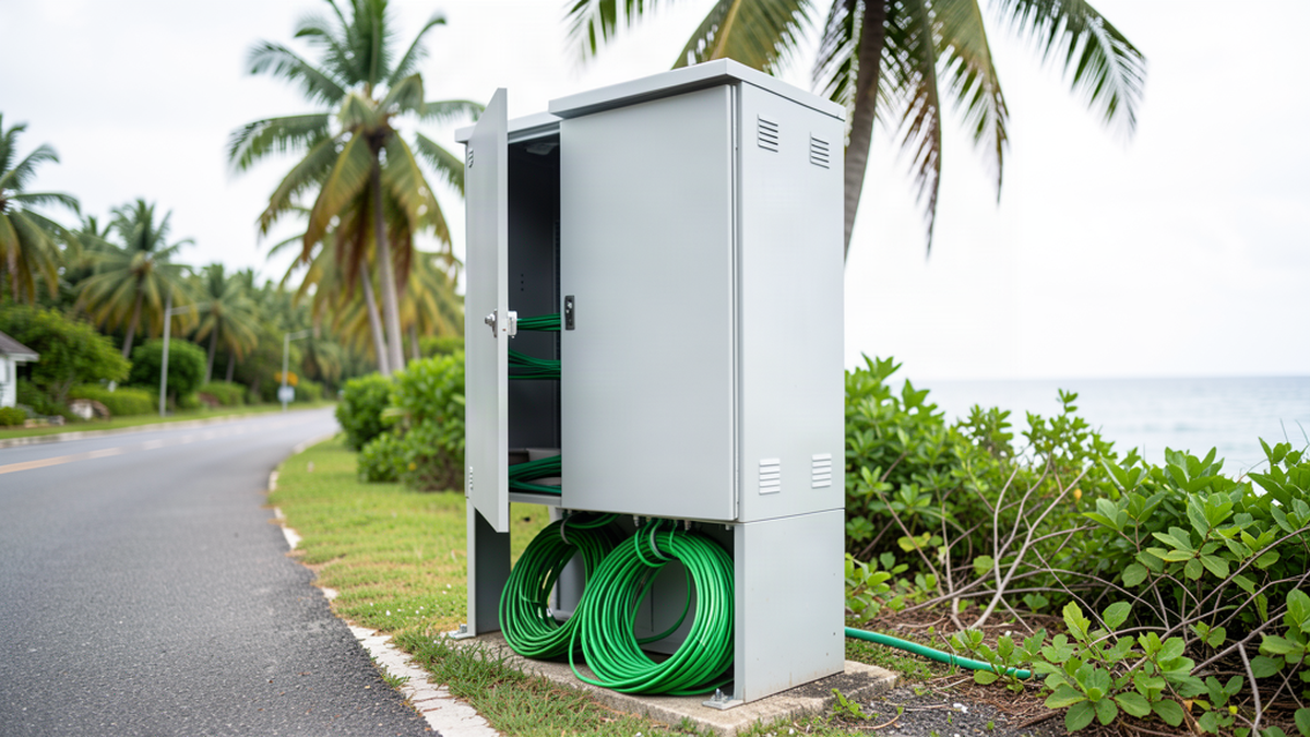 Fibre optique Mayotte : armoire de rue et câbles de fibre optique sur un territoire insulaire