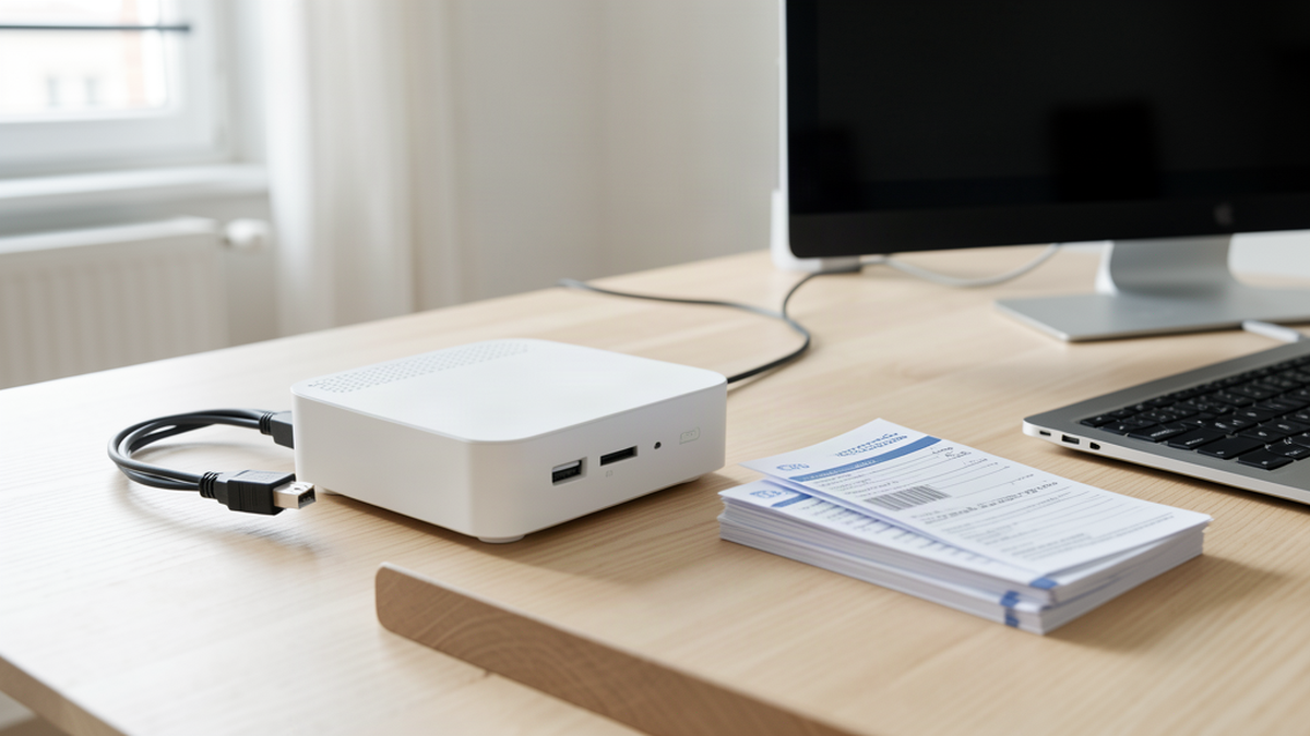 Prix box internet : box fibre blanche et factures posées sur un bureau, repère de la facture moyenne en France