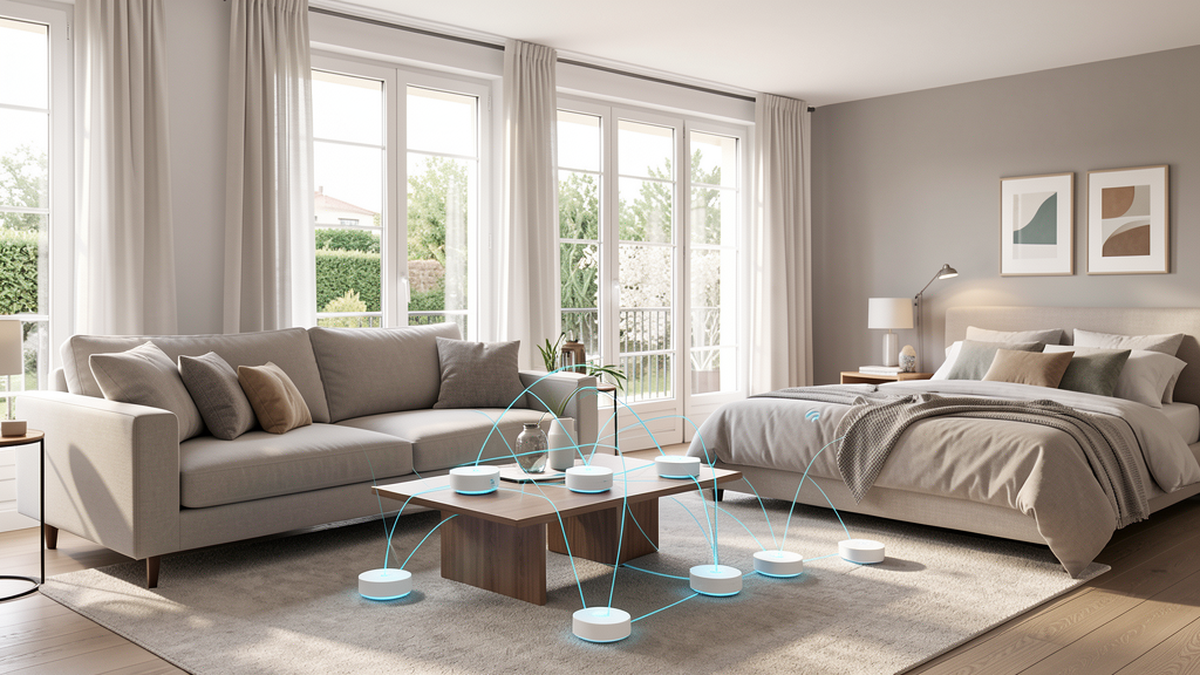 Réseau mesh WiFi - système de routeurs maillés dans un intérieur moderne
